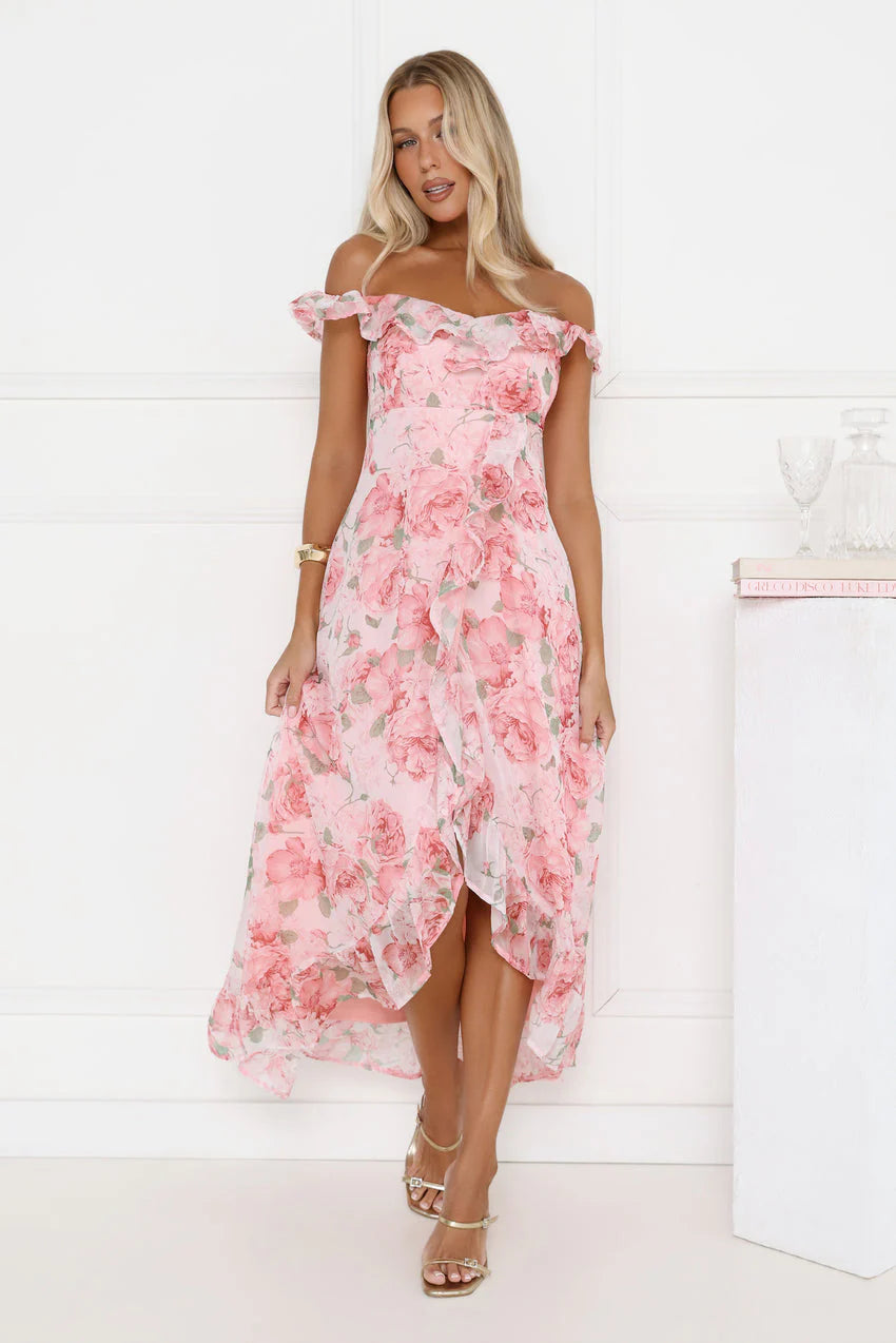Elegant Off The Shoulder Ruffle Trim Smocked Back Floral Print High Slit Maxi Evening Dress For Formal Evening Prom Wedding Guest Bridesmaid Cocktail Party Gala