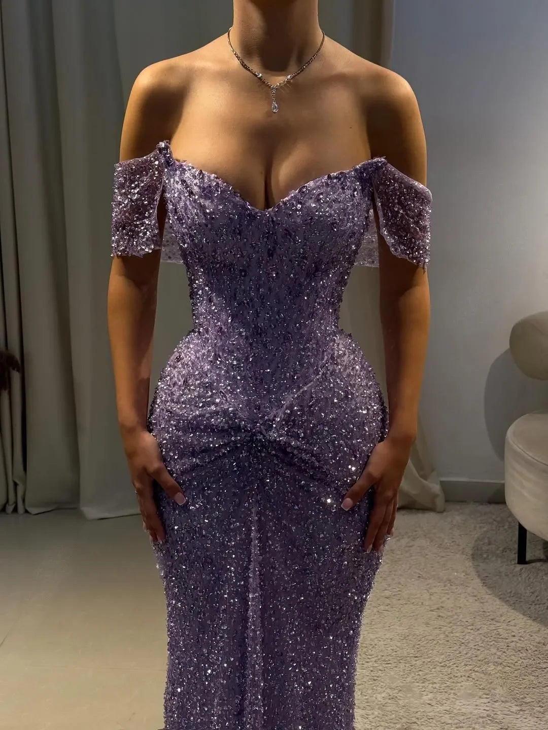 Elegant Off The Shoulder Sequin Embellished Mermaid Maxi Prom Dress For Formal Evening Gala