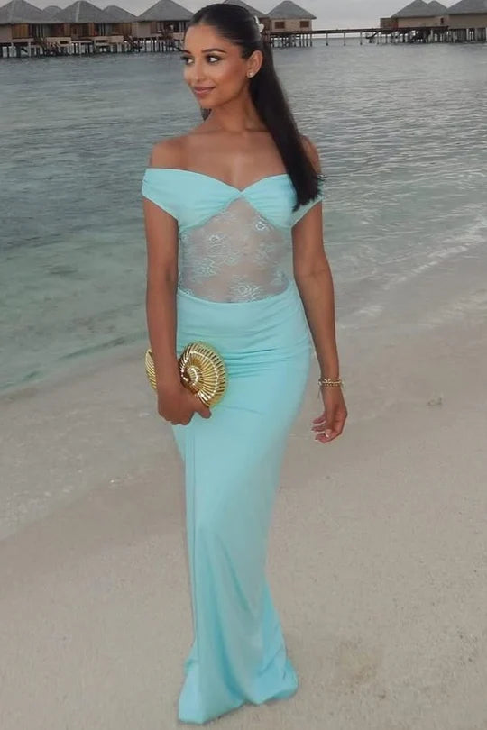 Elegant Off The Shoulder Sweetheart Neckline Lace Insert Detail Mermaid Maxi Evening Dress For Formal Evening Prom Wedding Guest Bridesmaid Beach Wedding Cocktail Party Gala