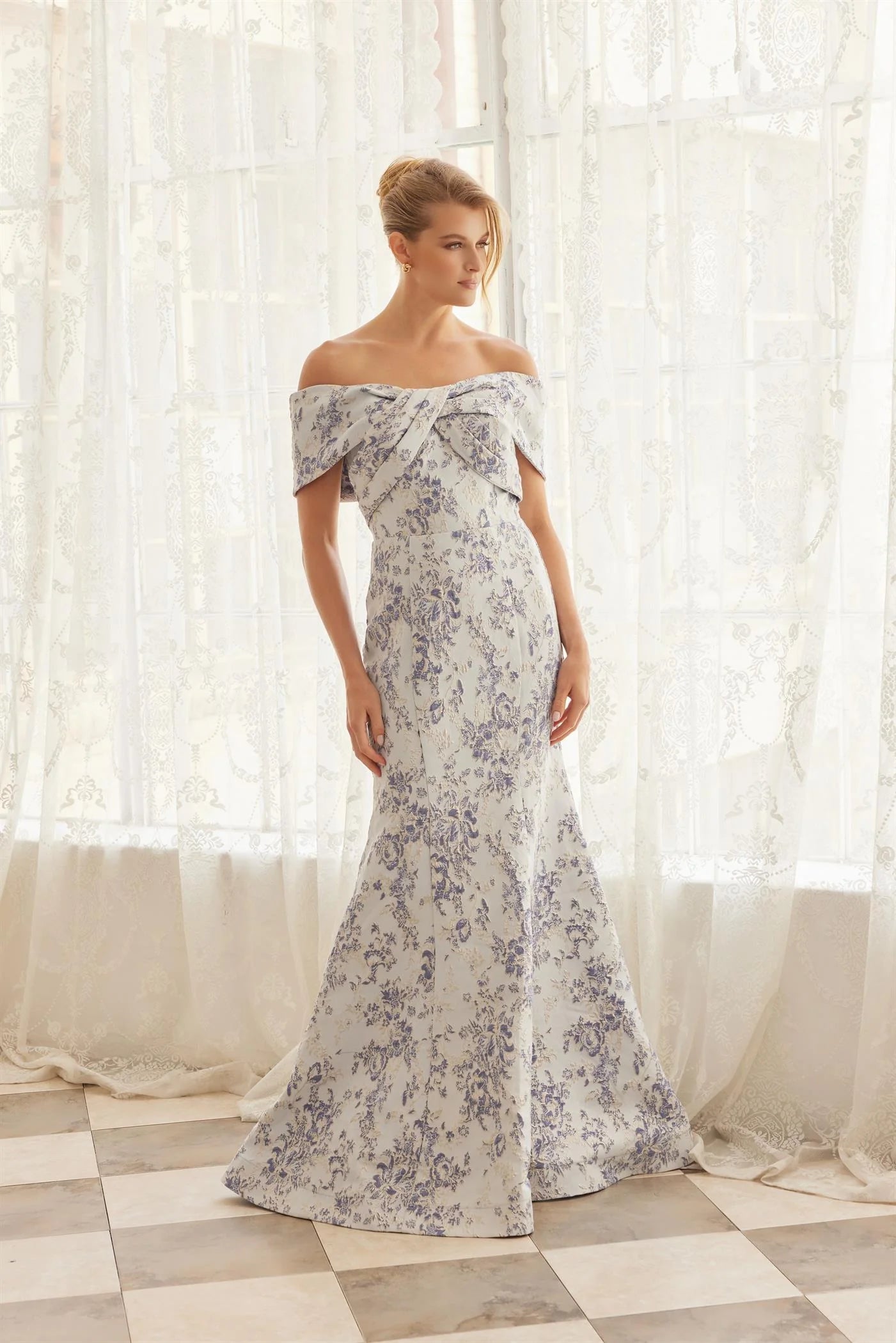 Elegant Off The Shoulder Sweetheart Neckline Open Back Bow Detail Floral Jacquard Mermaid Evening Dress For Formal Evening Gala Wedding Guest Bridesmaid