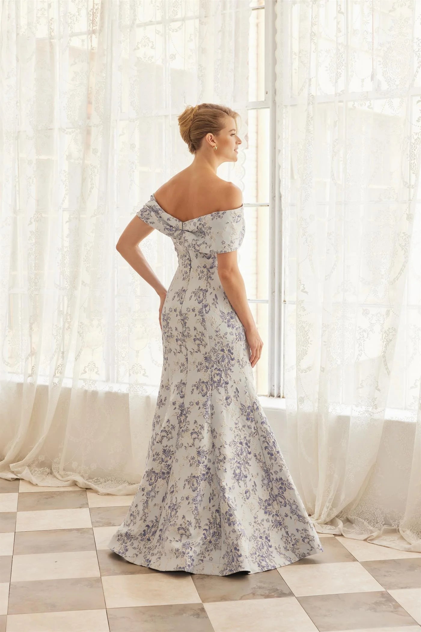 Elegant Off The Shoulder Sweetheart Neckline Open Back Bow Detail Floral Jacquard Mermaid Evening Dress For Formal Evening Gala Wedding Guest Bridesmaid
