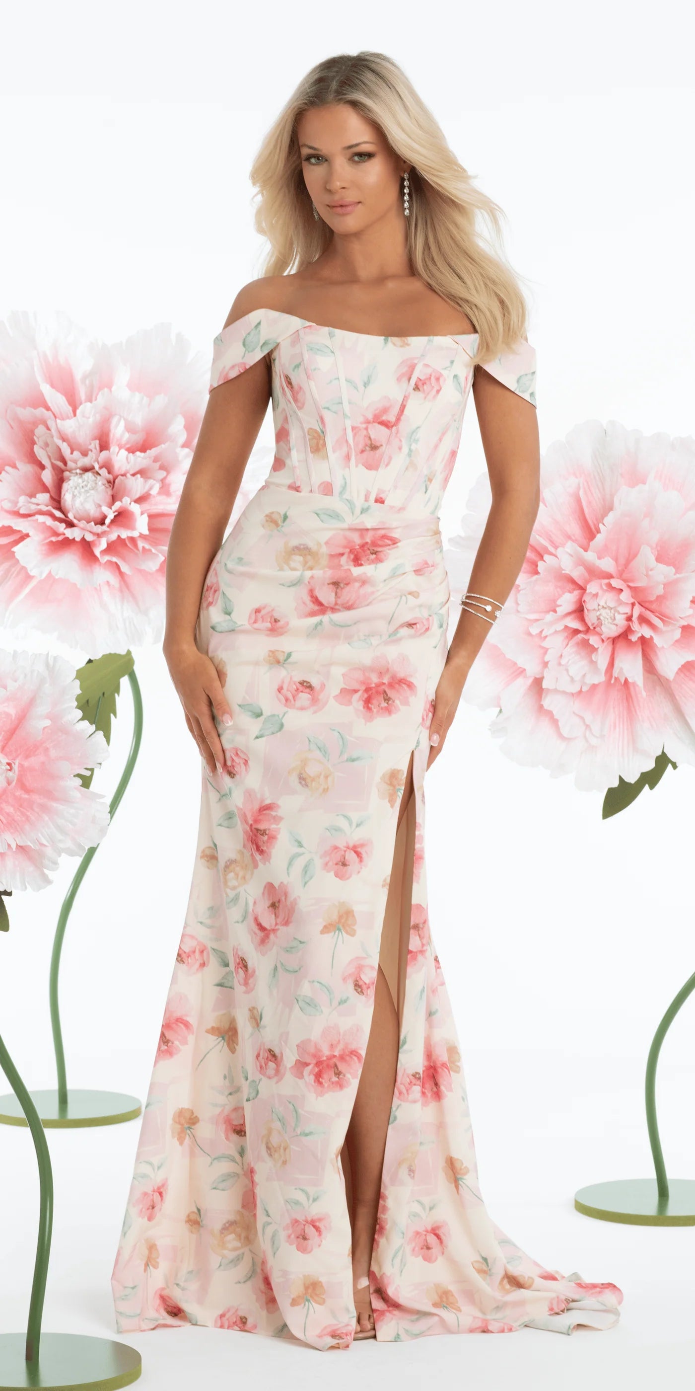 Elegant Off The Shoulder Sweetheart Neckline Open Back Lace Up Detail Floral Print Ruched High Slit Mermaid Evening Dress For Formal Evening Gala Wedding Guest Bridesmaid