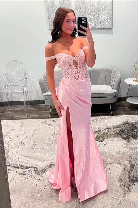 Elegant Off The Shoulder Sweetheart Neckline Sheer Mesh Lace Appliqué Ruched Back High Slit Mermaid Satin Evening Dress For Formal Evening Prom Wedding Guest Bridesmaid