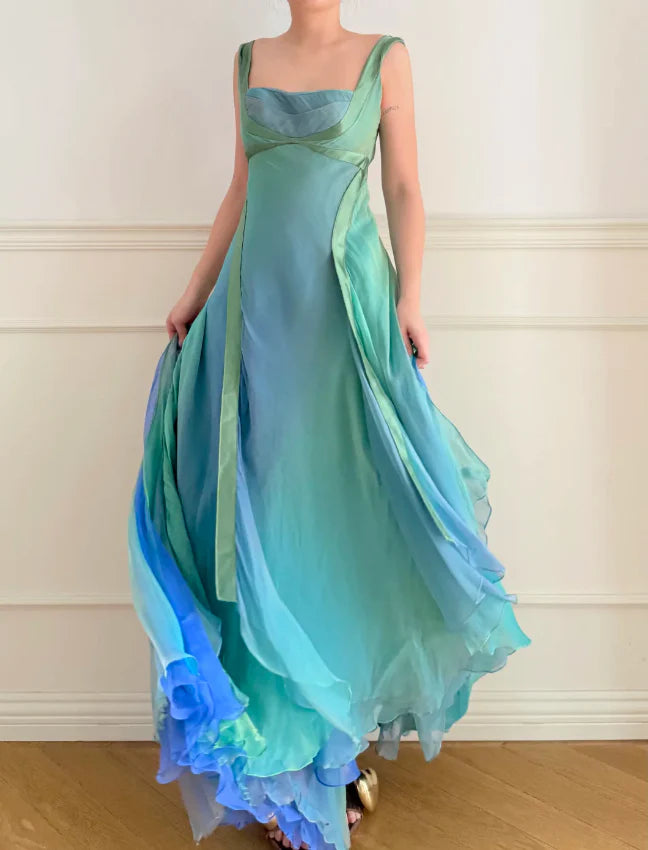 Elegant Ombre Green to Blue Prom Dress With Square Neckline Open Back And Flowing Chiffon Skirt For Formal Evening Party