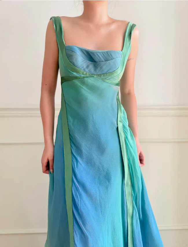 Elegant Ombre Green to Blue Prom Dress With Square Neckline Open Back And Flowing Chiffon Skirt For Formal Evening Party