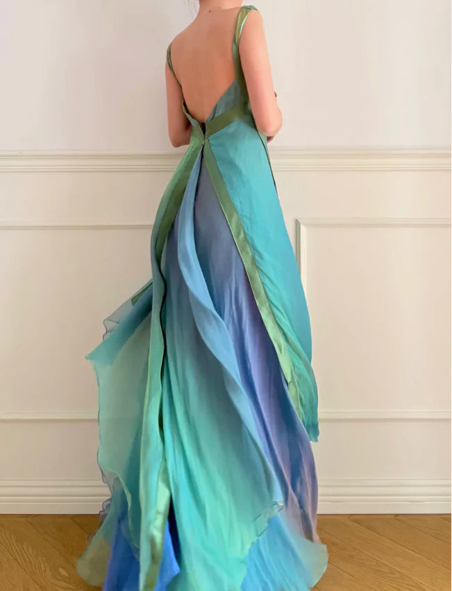 Elegant Ombre Green to Blue Prom Dress With Square Neckline Open Back And Flowing Chiffon Skirt For Formal Evening Party
