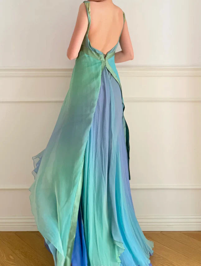 Elegant Ombre Green to Blue Prom Dress With Square Neckline Open Back And Flowing Chiffon Skirt For Formal Evening Party