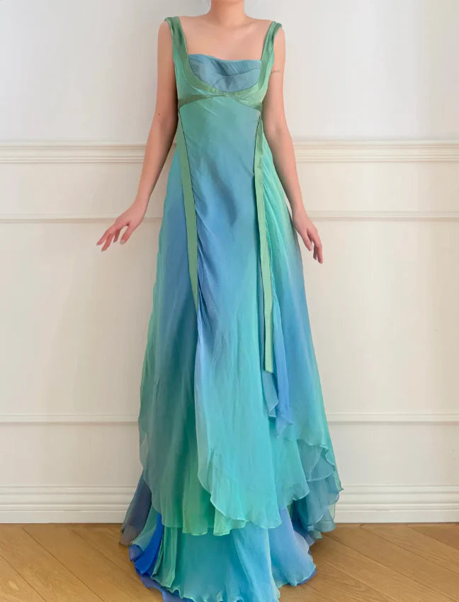Elegant Ombre Green to Blue Prom Dress With Square Neckline Open Back And Flowing Chiffon Skirt For Formal Evening Party