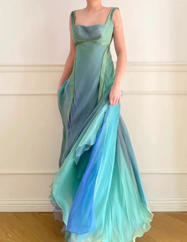 Elegant Ombre Green to Blue Prom Dress With Square Neckline Open Back And Flowing Chiffon Skirt For Formal Evening Party