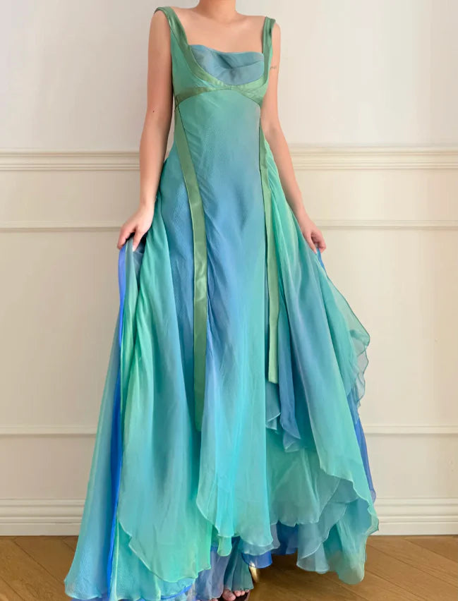 Elegant Ombre Green to Blue Prom Dress With Square Neckline Open Back And Flowing Chiffon Skirt For Formal Evening Party