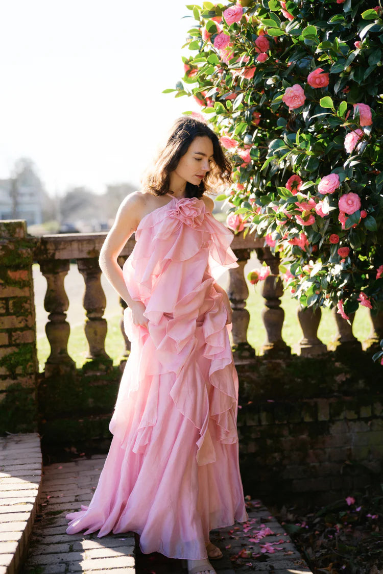 Elegant One Shoulder 3D Floral Applique Open Back Ruffle Tiered Chiffon A Line Maxi Evening Dress For Formal Evening Gala Wedding Guest Bridesmaid