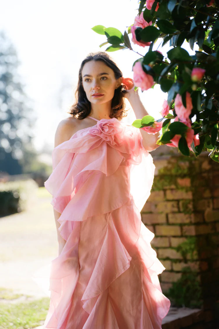 Elegant One Shoulder 3D Floral Applique Open Back Ruffle Tiered Chiffon A Line Maxi Evening Dress For Formal Evening Gala Wedding Guest Bridesmaid