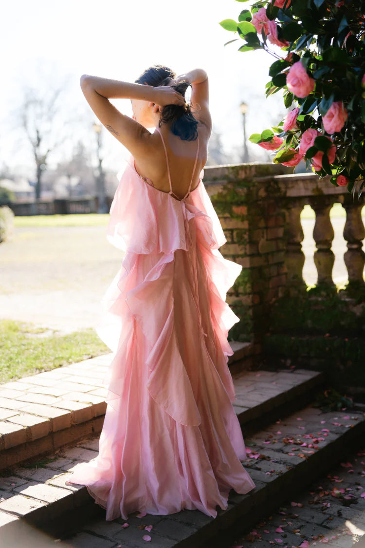 Elegant One Shoulder 3D Floral Applique Open Back Ruffle Tiered Chiffon A Line Maxi Evening Dress For Formal Evening Gala Wedding Guest Bridesmaid