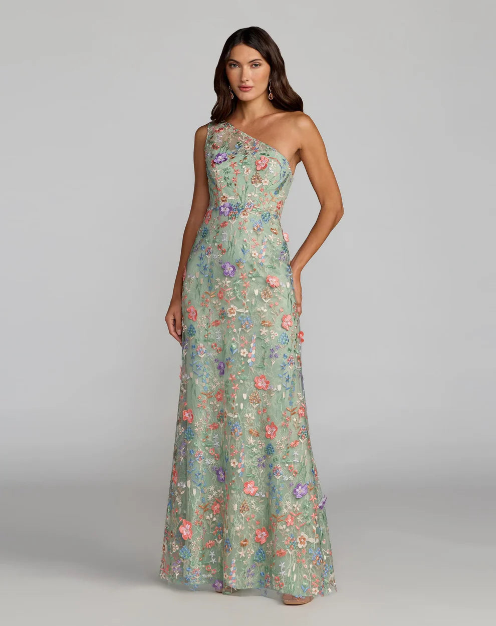 Elegant One Shoulder 3D Floral Embroidered Sheer Mesh Bodycon Maxi Prom Dress For Formal Evening Gala Wedding Guest Bridesmaid