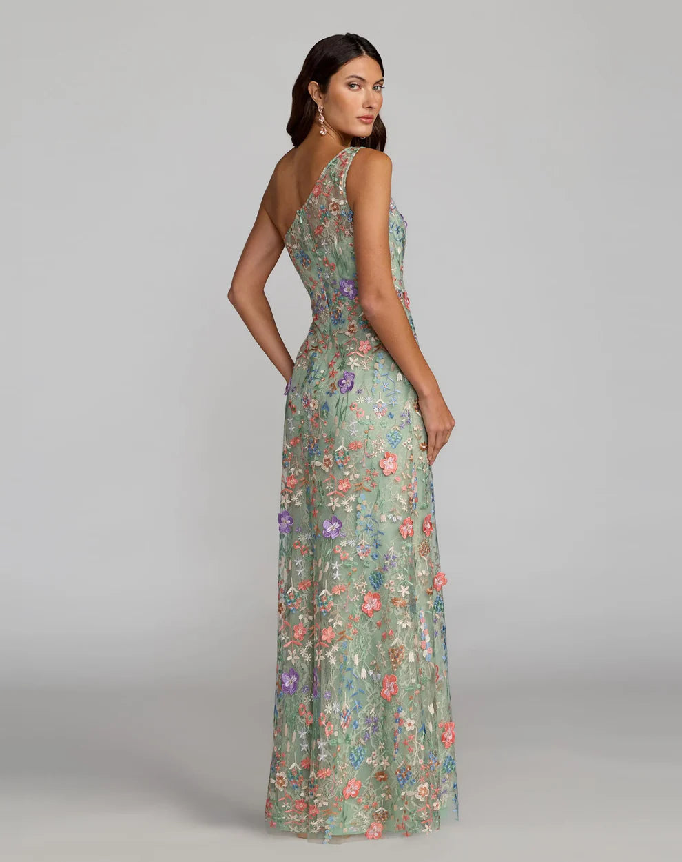 Elegant One Shoulder 3D Floral Embroidered Sheer Mesh Bodycon Maxi Prom Dress For Formal Evening Gala Wedding Guest Bridesmaid