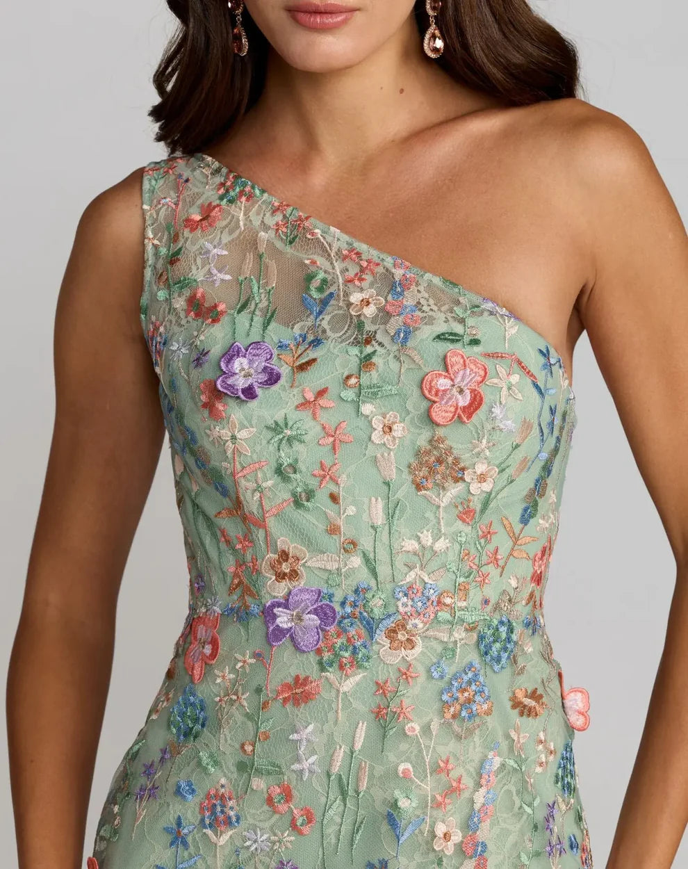 Elegant One Shoulder 3D Floral Embroidered Sheer Mesh Bodycon Maxi Prom Dress For Formal Evening Gala Wedding Guest Bridesmaid