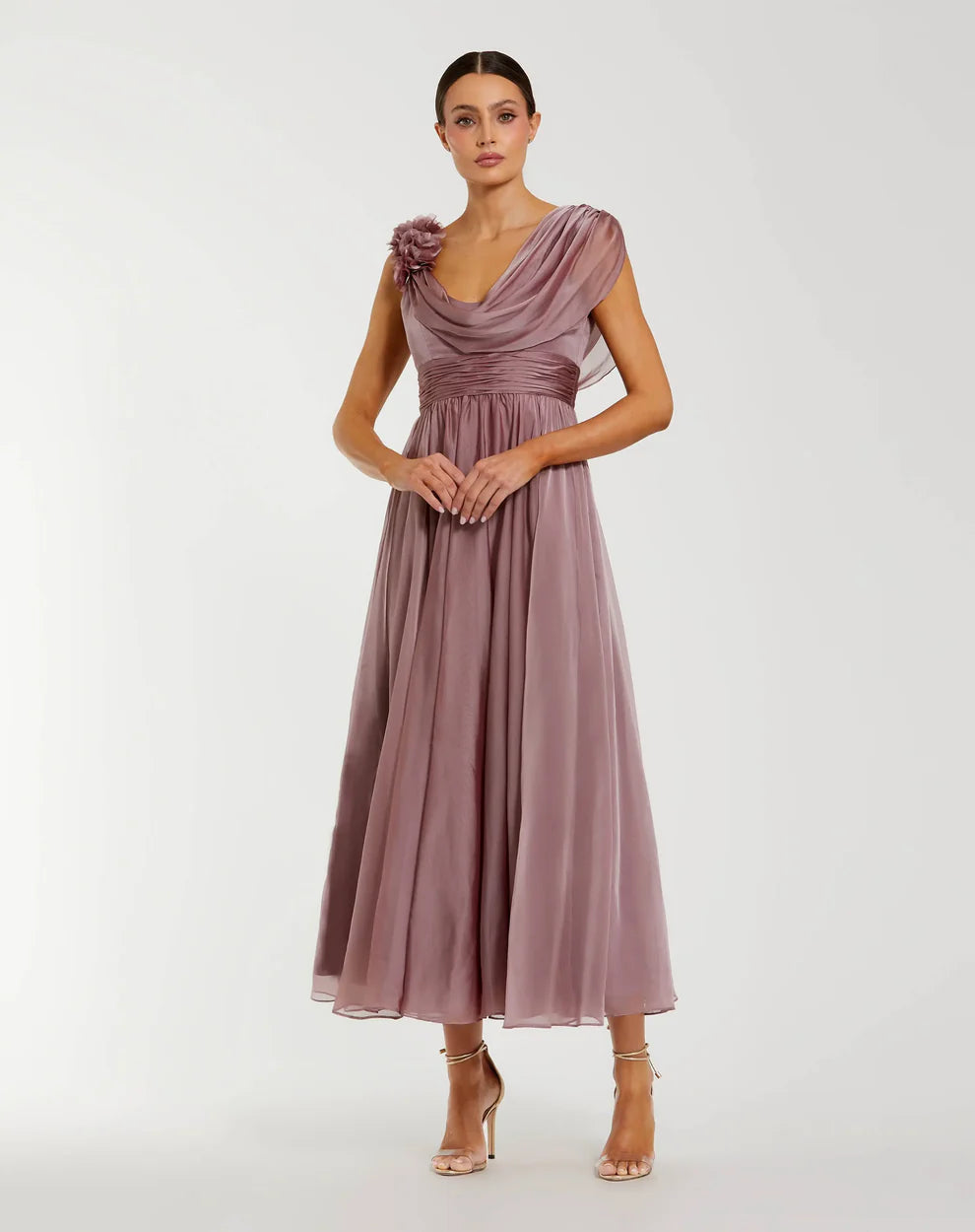 Elegant One Shoulder 3D Flower Detail Cowl Back Chiffon Maxi Prom Dress For Formal Evening Wedding Guest Bridesmaid Cocktail Party
