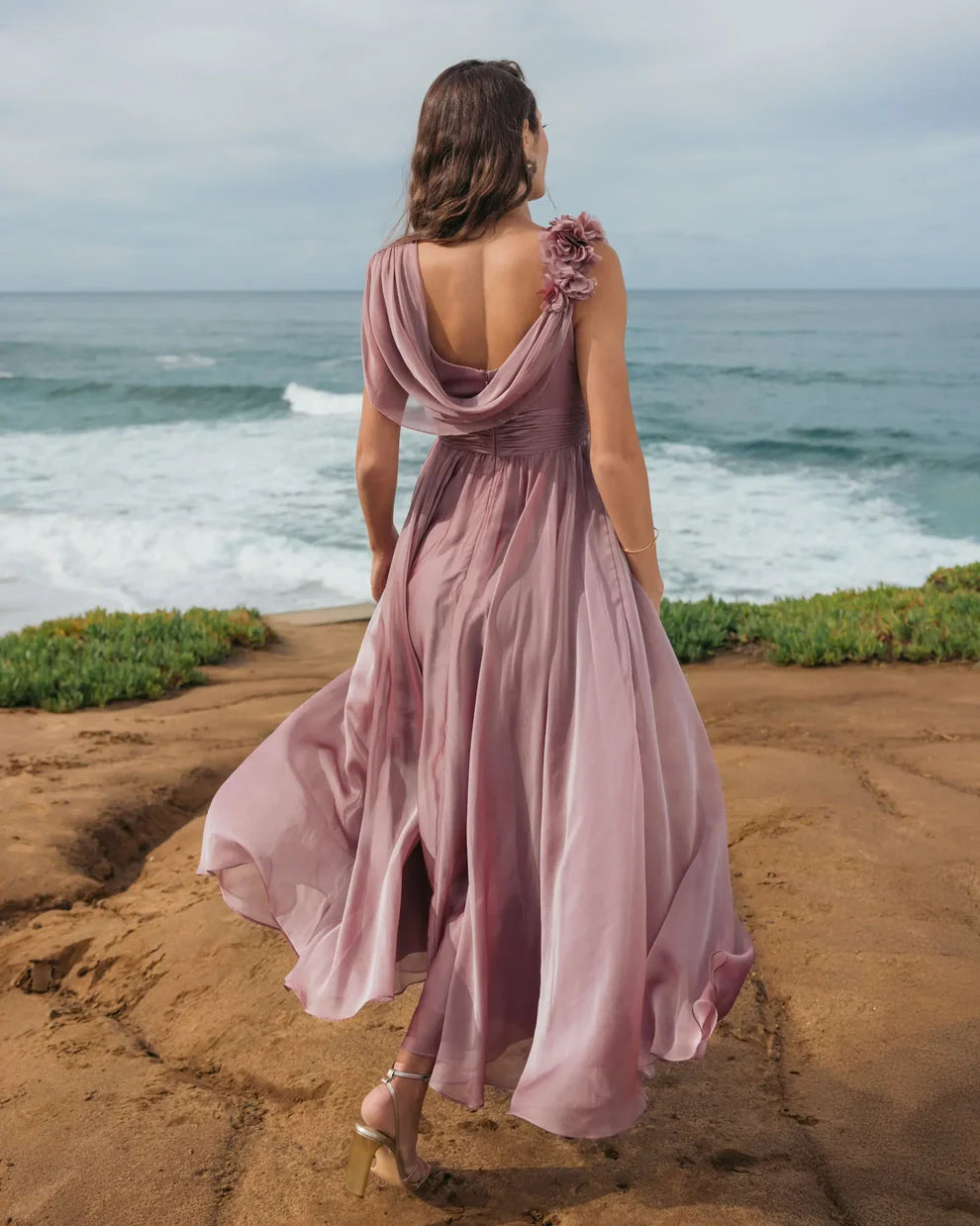 Elegant One Shoulder 3D Flower Detail Cowl Back Chiffon Maxi Prom Dress For Formal Evening Wedding Guest Bridesmaid Cocktail Party