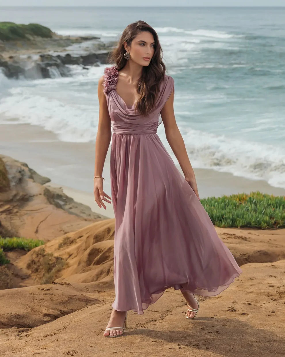 Elegant One Shoulder 3D Flower Detail Cowl Back Chiffon Maxi Prom Dress For Formal Evening Wedding Guest Bridesmaid Cocktail Party