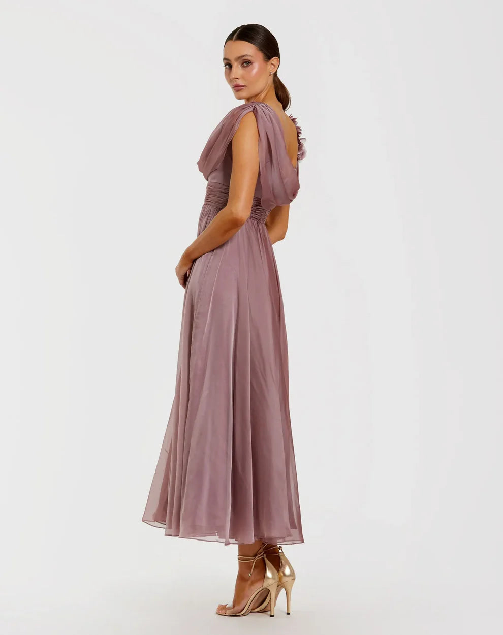 Elegant One Shoulder 3D Flower Detail Cowl Back Chiffon Maxi Prom Dress For Formal Evening Wedding Guest Bridesmaid Cocktail Party