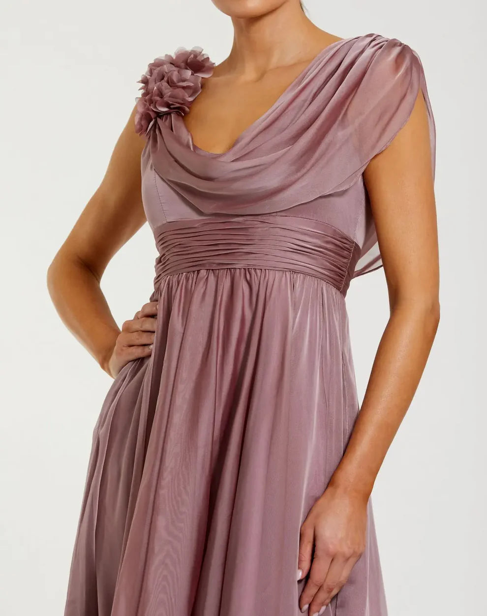 Elegant One Shoulder 3D Flower Detail Cowl Back Chiffon Maxi Prom Dress For Formal Evening Wedding Guest Bridesmaid Cocktail Party