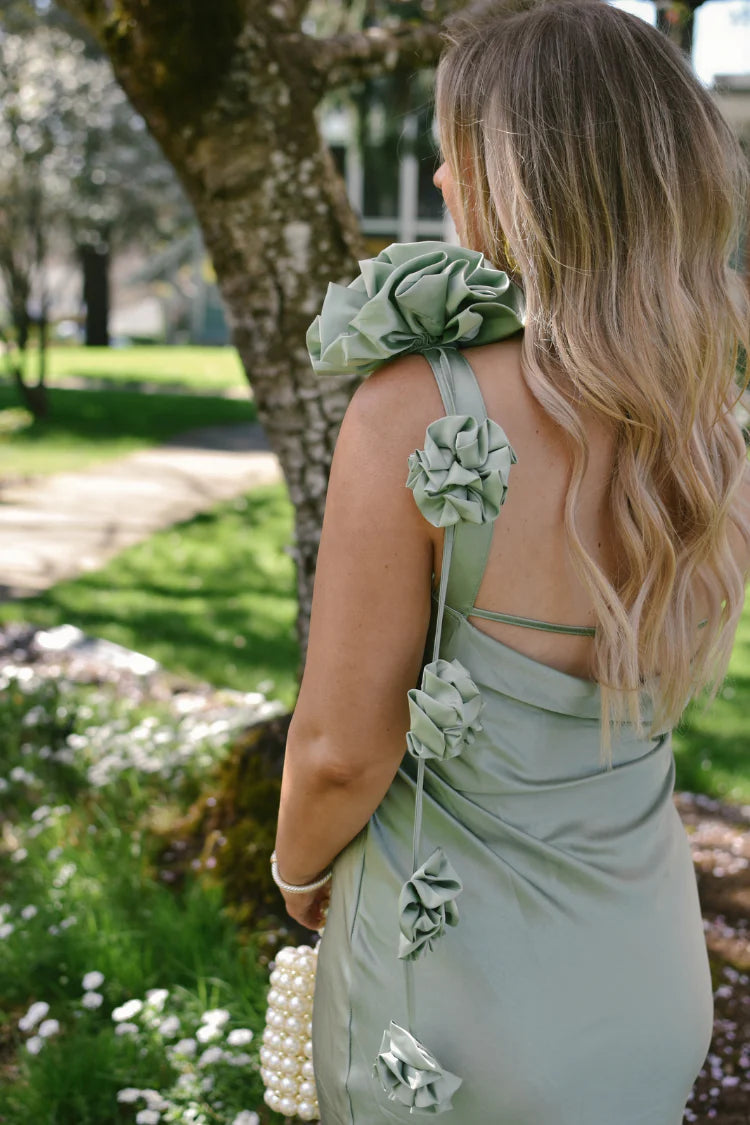 Elegant One Shoulder 3D Ruffle Trim Open Back Ruched Satin Bodycon Maxi Evening Dress For Formal Evening Gala Wedding Guest Bridesmaid