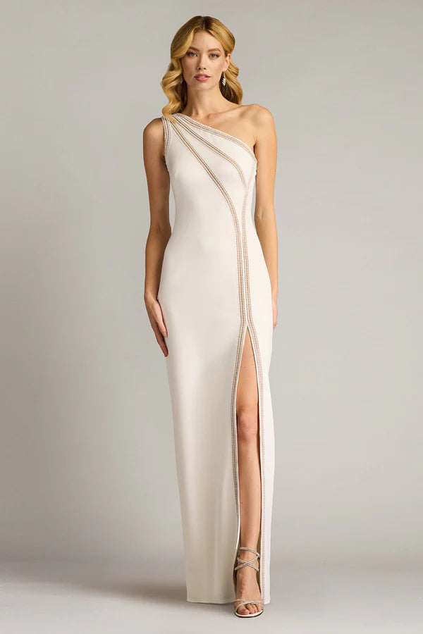 Elegant One Shoulder Beaded Trim Bodycon Maxi Prom Dress With Slit For Formal Evening Wedding Guest