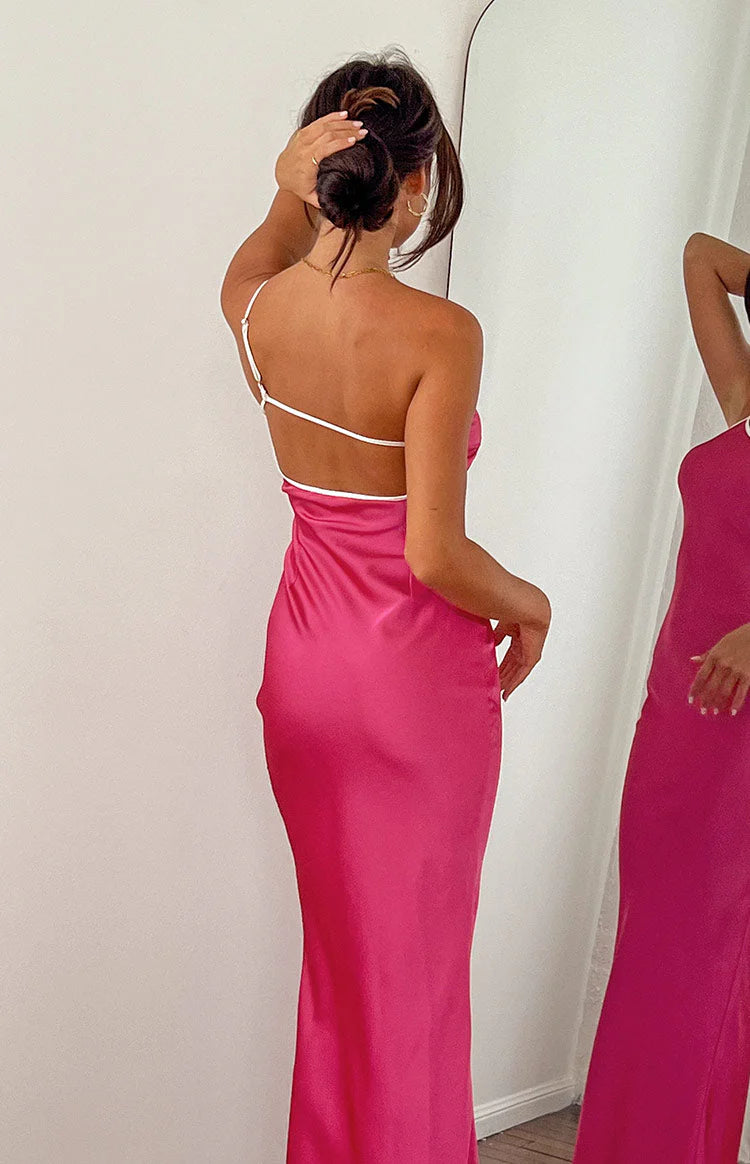 Elegant One Shoulder Contrast Trim Satin Maxi Prom Dress With Open Back For Formal Evening Wedding Guest Bridesmaid Cocktail Party