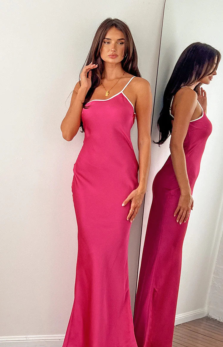 Elegant One Shoulder Contrast Trim Satin Maxi Prom Dress With Open Back For Formal Evening Wedding Guest Bridesmaid Cocktail Party