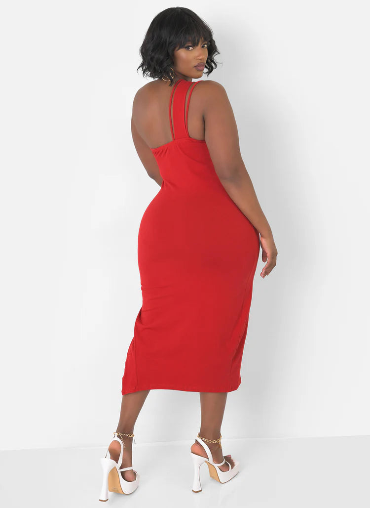 Elegant One Shoulder Criss Cross Strap Bodycon Midi Evening Dress