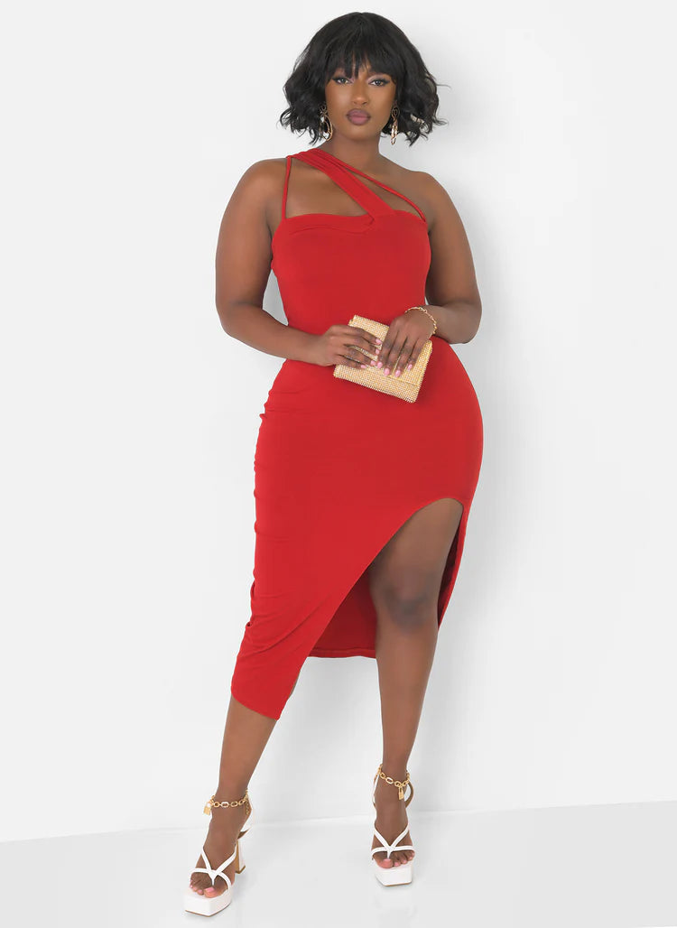 Elegant One Shoulder Criss Cross Strap Bodycon Midi Evening Dress
