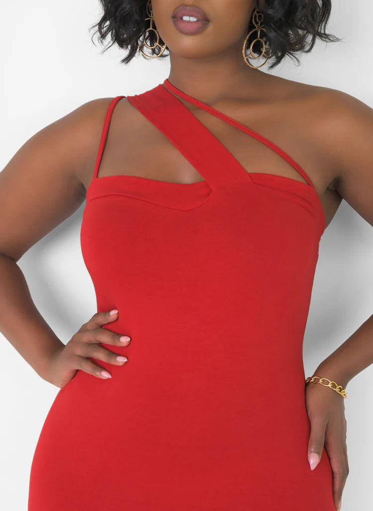 Elegant One Shoulder Criss Cross Strap Bodycon Midi Evening Dress