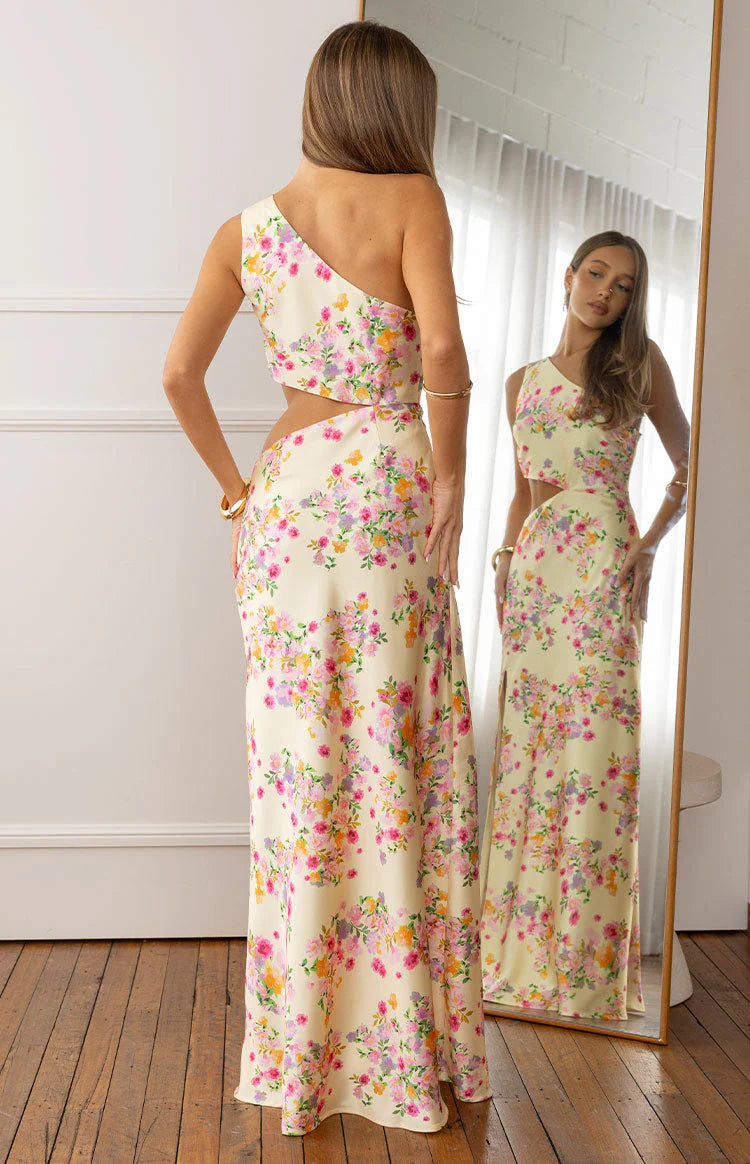 Elegant One Shoulder Cut Out Waist Floral Print Satin Slit Maxi Prom Dress