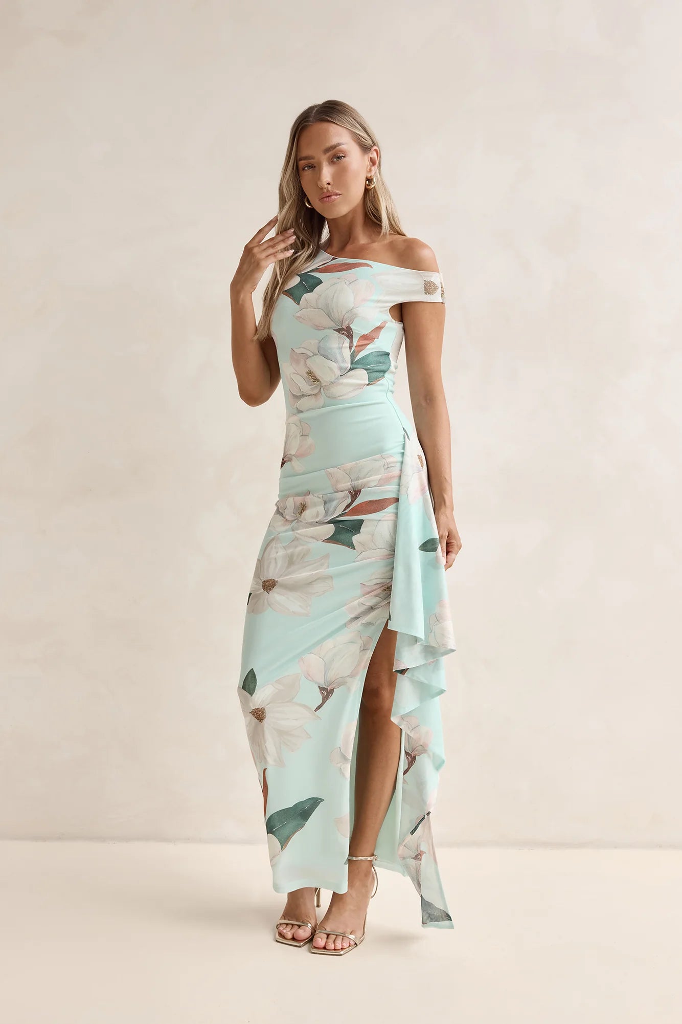 Elegant One Shoulder Floral Print Ruched Bodycon Ruffle Hem Maxi Prom Dress For Formal Evening Wedding Guest Bridesmaid Cocktail Party