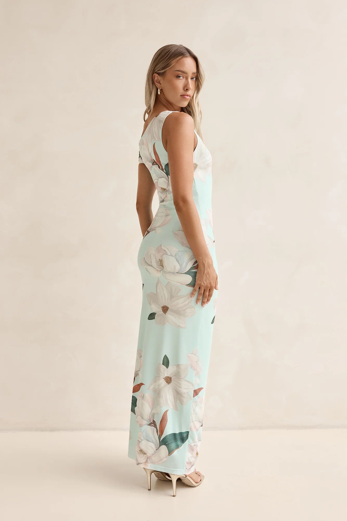 Elegant One Shoulder Floral Print Ruched Bodycon Ruffle Hem Maxi Prom Dress For Formal Evening Wedding Guest Bridesmaid Cocktail Party
