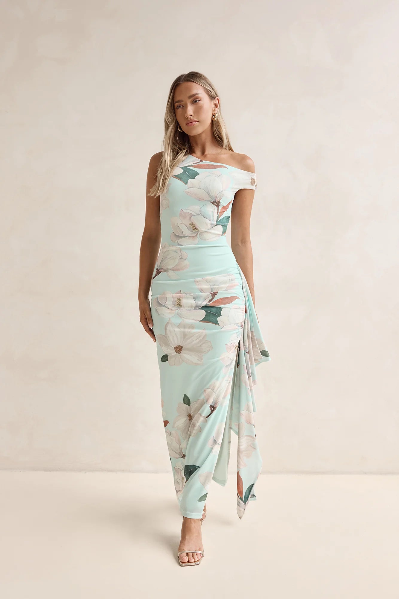 Elegant One Shoulder Floral Print Ruched Bodycon Ruffle Hem Maxi Prom Dress For Formal Evening Wedding Guest Bridesmaid Cocktail Party