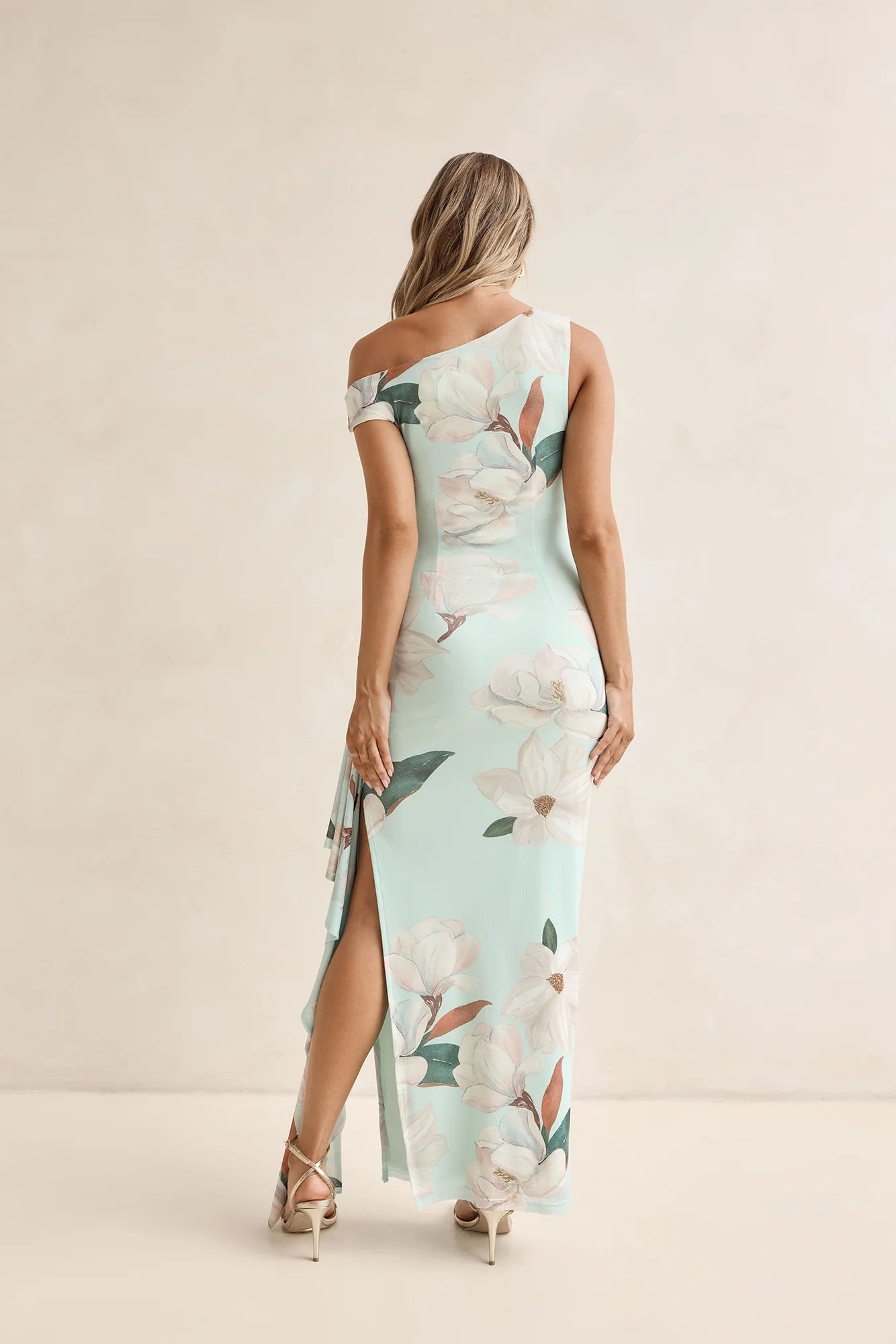 Elegant One Shoulder Floral Print Ruched Bodycon Ruffle Hem Maxi Prom Dress For Formal Evening Wedding Guest Bridesmaid Cocktail Party