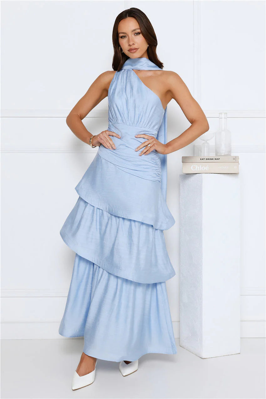 Elegant One Shoulder Halter Neck Ruched Bodice Multi Layer Ruffle Tiered Maxi Evening Dress For Formal Evening Prom Wedding Guest Bridesmaid Beach Wedding Cocktail Party Gala