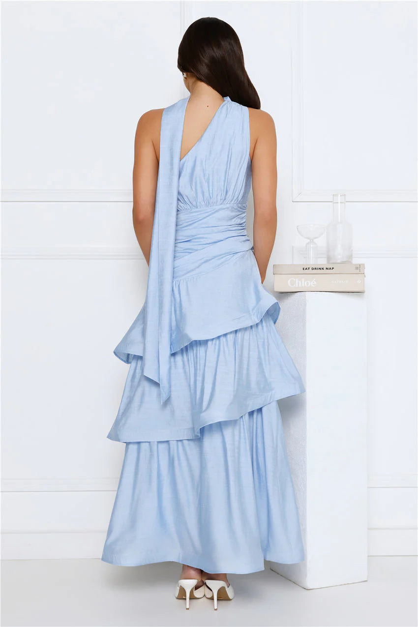 Elegant One Shoulder Halter Neck Ruched Bodice Multi Layer Ruffle Tiered Maxi Evening Dress For Formal Evening Prom Wedding Guest Bridesmaid Beach Wedding Cocktail Party Gala