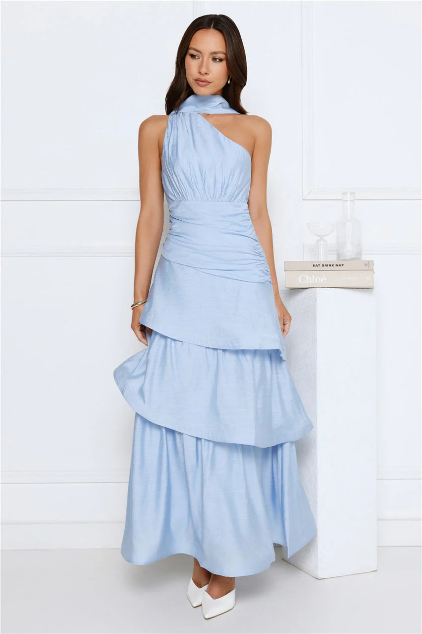 Elegant One Shoulder Halter Neck Ruched Bodice Multi Layer Ruffle Tiered Maxi Evening Dress For Formal Evening Prom Wedding Guest Bridesmaid Beach Wedding Cocktail Party Gala