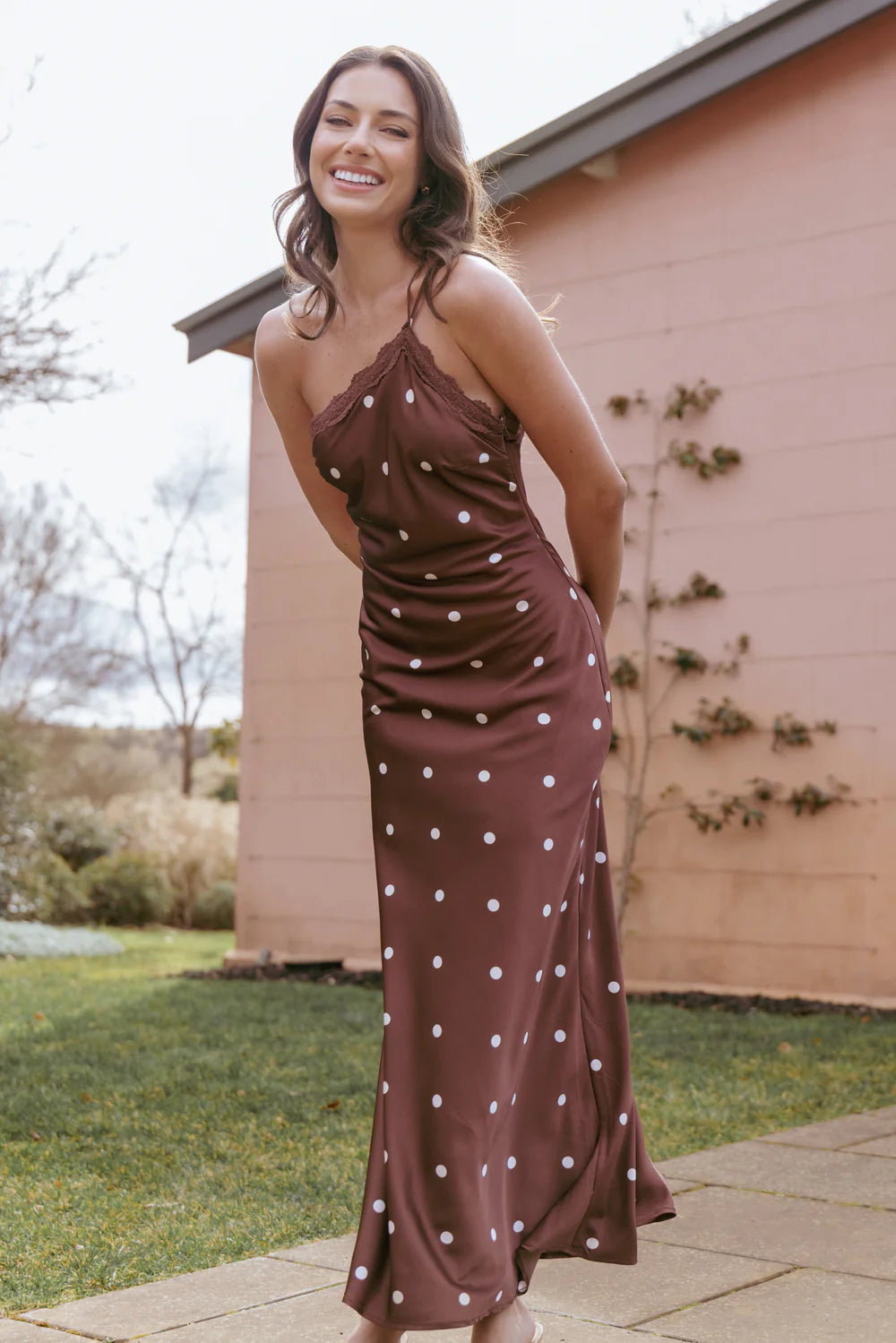 Elegant One Shoulder Lace Trim Polka Dot Satin Maxi Prom Dress For Formal Evening Wedding Guest Bridesmaid Cocktail Party