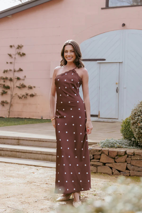Elegant One Shoulder Lace Trim Polka Dot Satin Maxi Prom Dress For Formal Evening Wedding Guest Bridesmaid Cocktail Party