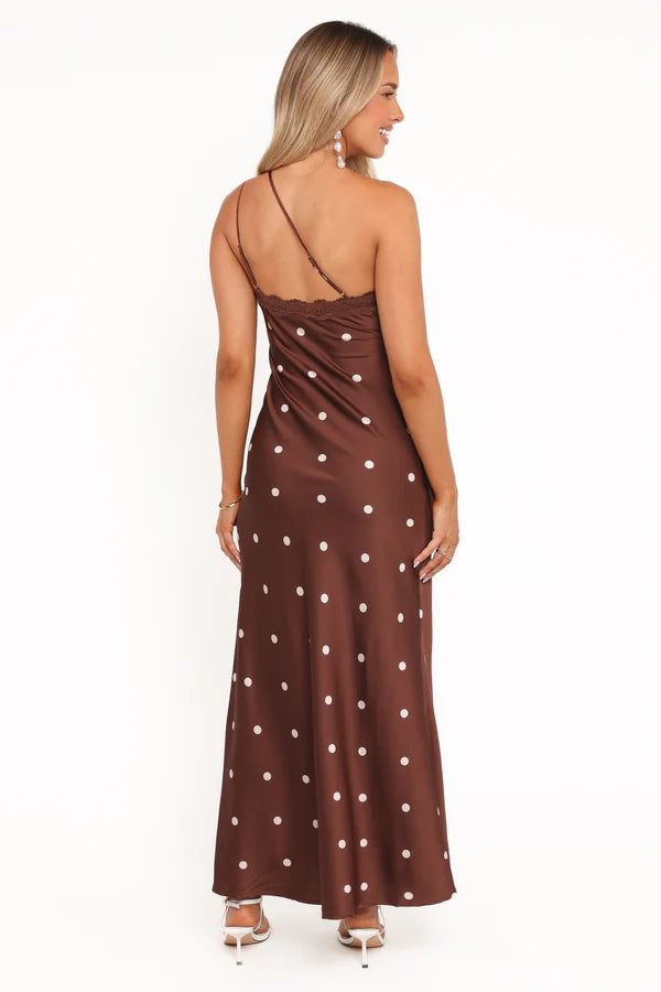 Elegant One Shoulder Lace Trim Polka Dot Satin Maxi Prom Dress For Formal Evening Wedding Guest Bridesmaid Cocktail Party
