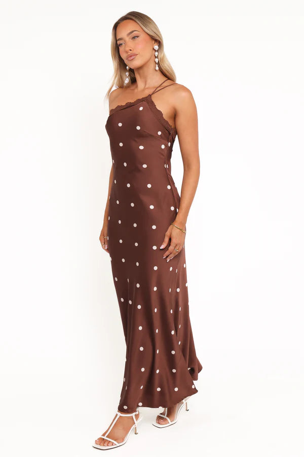 Elegant One Shoulder Lace Trim Polka Dot Satin Maxi Prom Dress For Formal Evening Wedding Guest Bridesmaid Cocktail Party