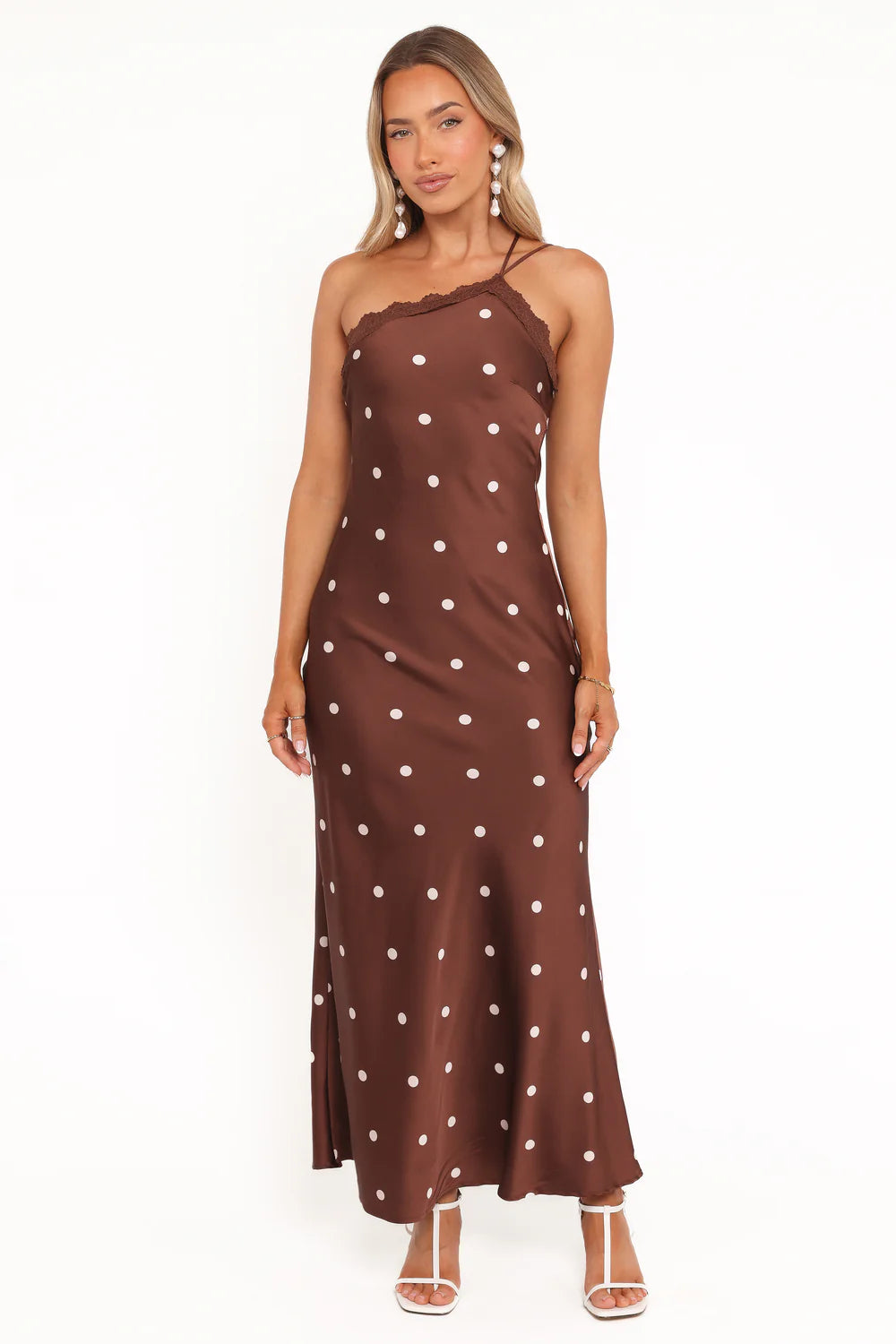Elegant One Shoulder Lace Trim Polka Dot Satin Maxi Prom Dress For Formal Evening Wedding Guest Bridesmaid Cocktail Party