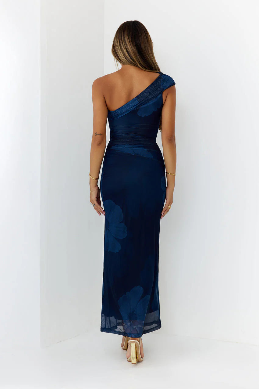 Elegant One Shoulder Ruched Bodice Floral Print Mesh Bodycon Maxi Evening Dress For Formal Evening Prom Wedding Guest Bridesmaid Cocktail Party Gala