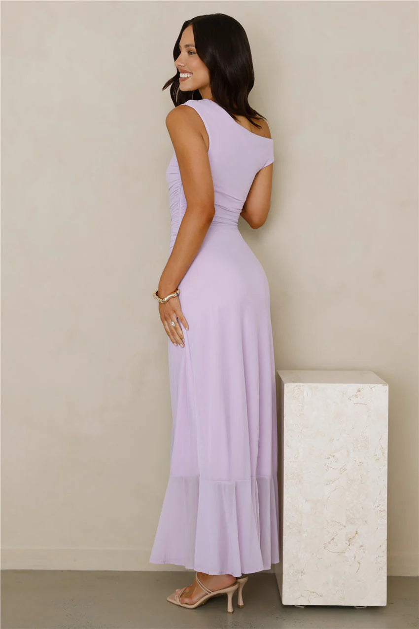 Elegant One Shoulder Ruched Bodice High Slit Ruffle Hem Mermaid Maxi Evening Dress For Formal Evening Prom Wedding Guest Bridesmaid Beach Wedding Cocktail Party Gala