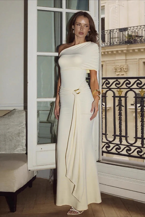 Elegant One Shoulder Ruched Sash Belt Satin Mermaid Maxi Prom Dress For Formal Evening Gala Wedding Guest