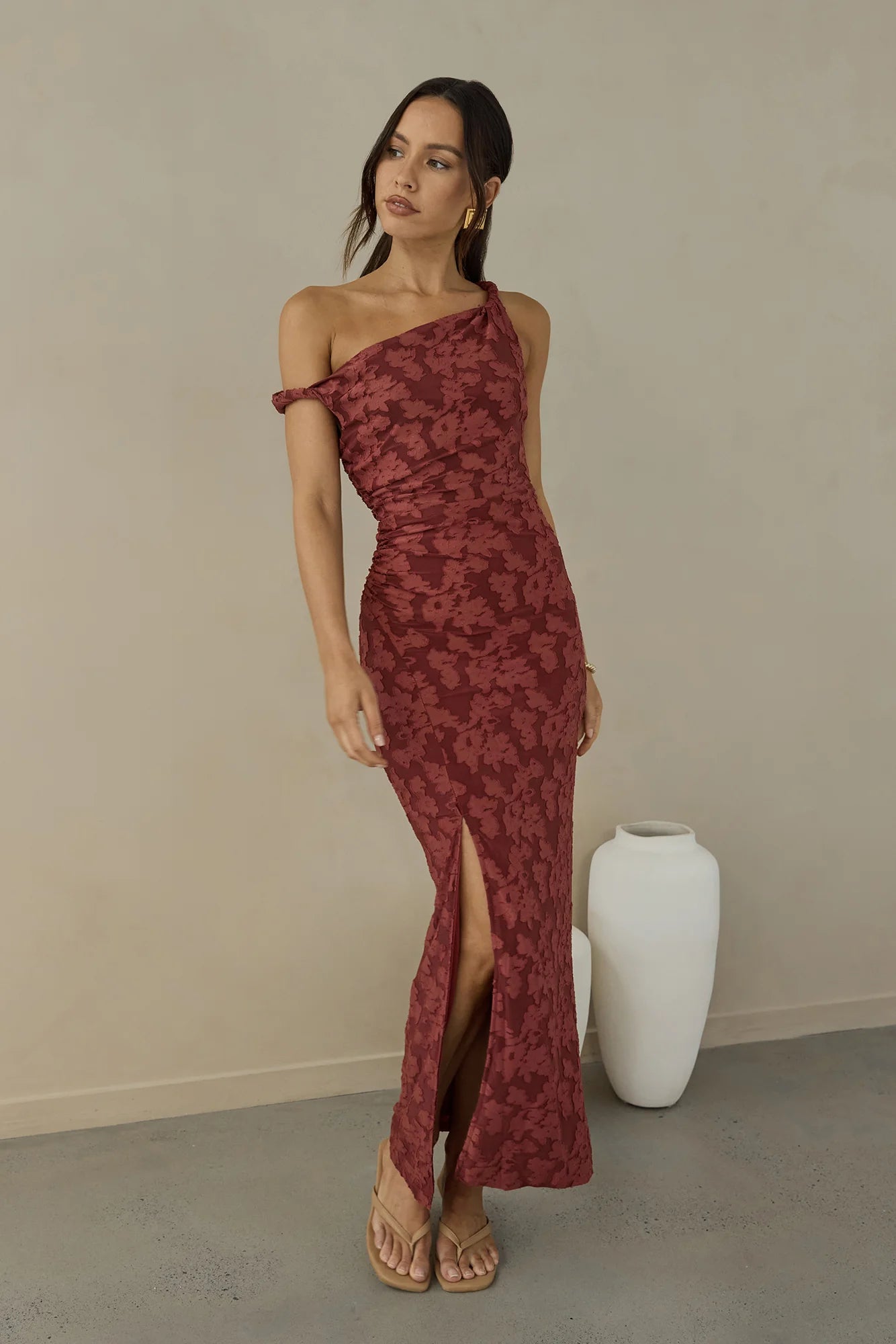 Elegant One Shoulder Ruched Side Split Floral Print Bodycon Maxi Prom Dress For Wedding Guest Bridal Shower Formal Evening