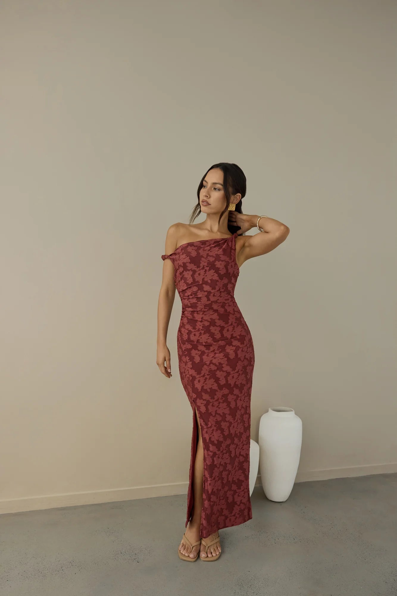 Elegant One Shoulder Ruched Side Split Floral Print Bodycon Maxi Prom Dress For Wedding Guest Bridal Shower Formal Evening